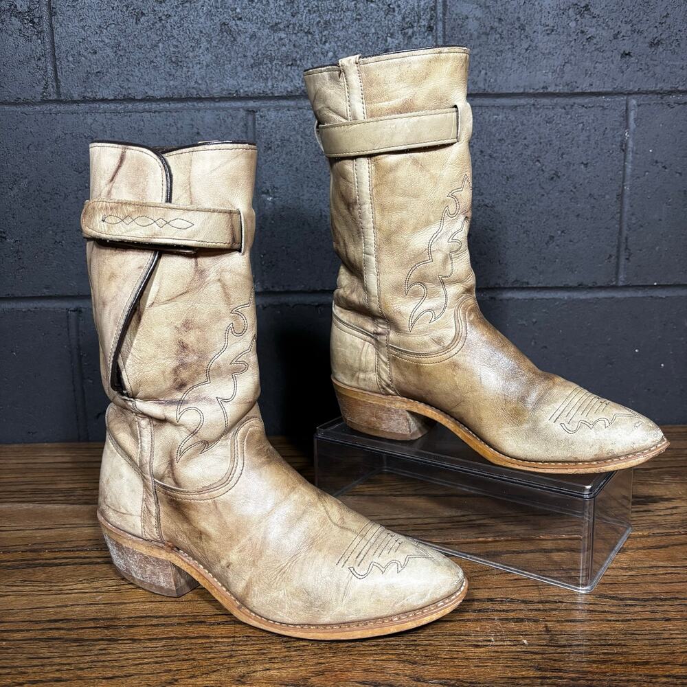 Vintage Texas Brand Distressed Tan Leather Cowboy Boots Made In USA Men’s 8D